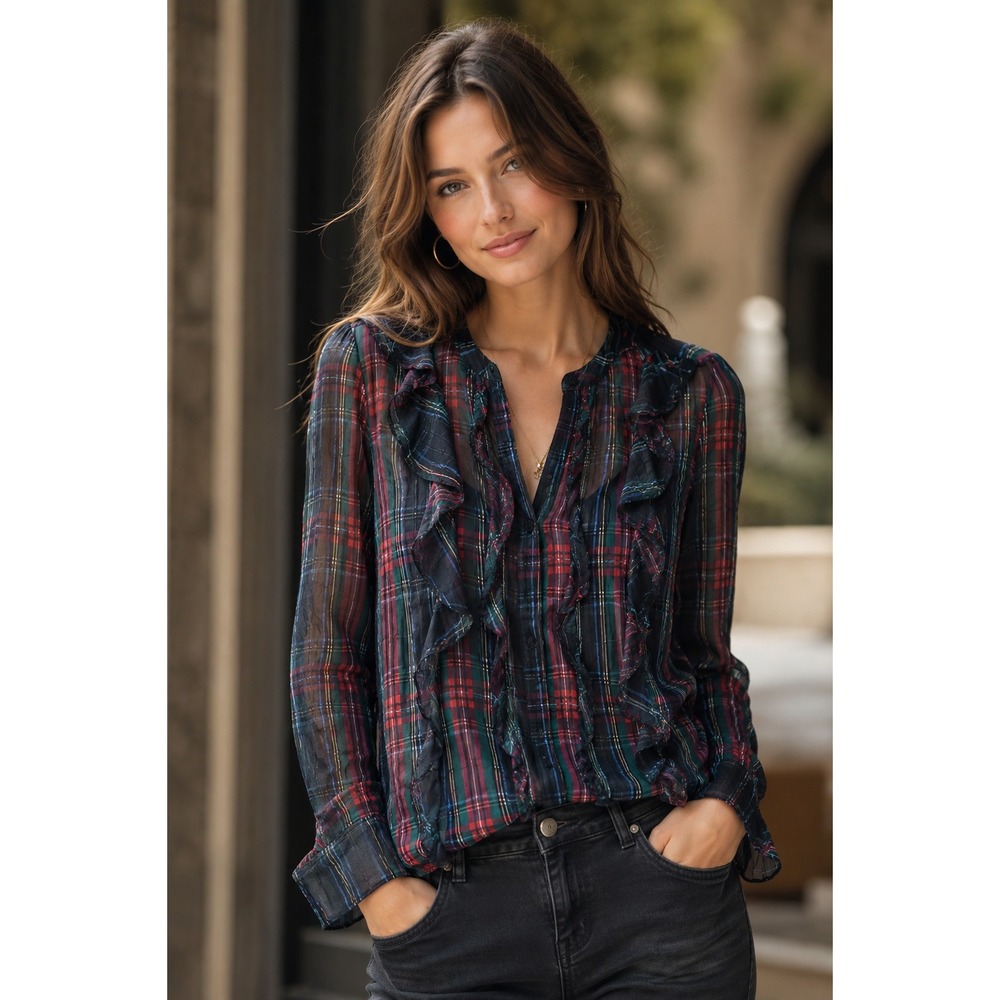 J.Crew Tartan Plaid Ruffle Metallic Top Heritage Romantic Preppy 10 Holiday Fall